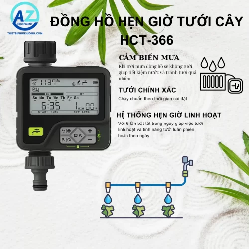 Đồng hồ hẹn giờ tưới cây tự động HCT-366, 6 chế độ tưới, cảm biến mưa, dùng pin